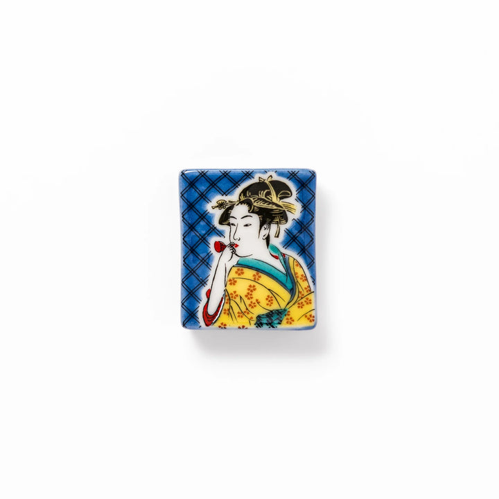 Rectangular Japanese ceramic chopstick rest featuring an elegant courtesan in traditional kimono, inspired by Utamaro’s ukiyo-e artistry, perfect for table decor.