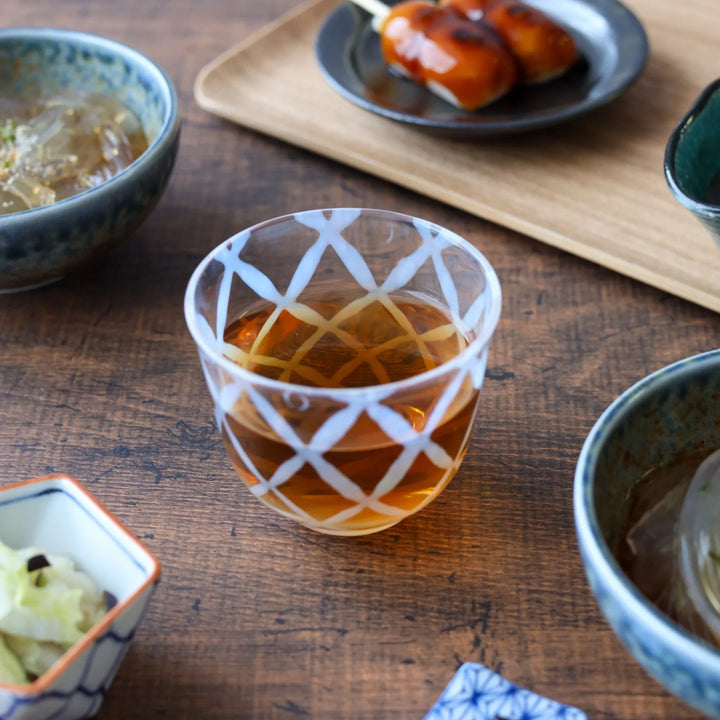 Clear glass tea cup with a vintage-style white lattice pattern, filled with amber tea and set among traditional Japanese dishes on a wooden table.