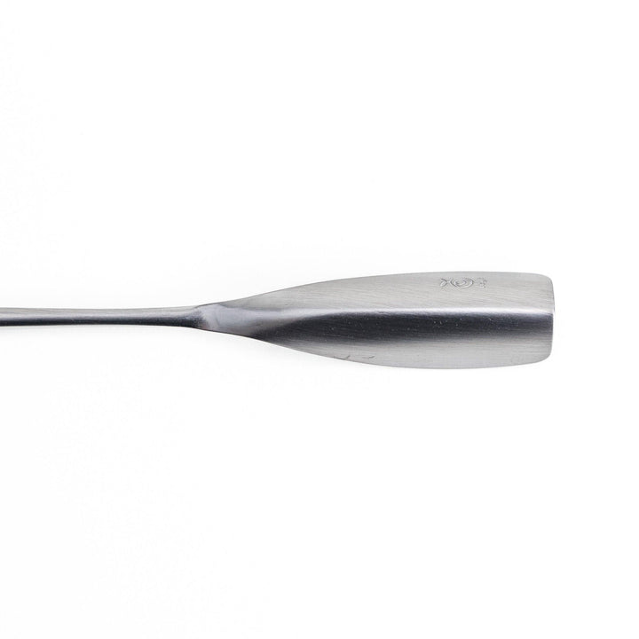 Long-handled stainless steel honey spoon with a uniquely shaped flat scoop