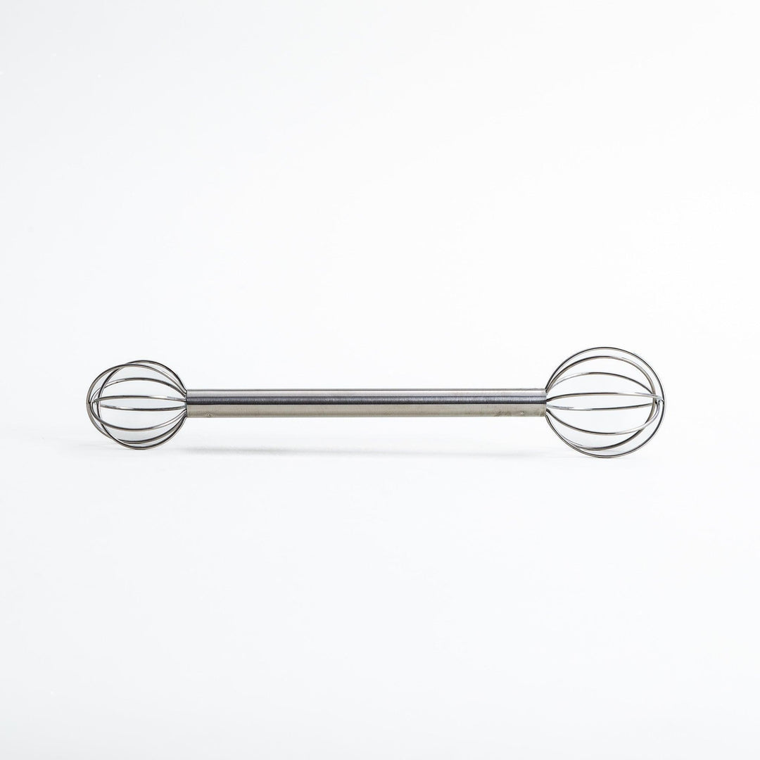 Double-ended stainless steel mini whisk with balloon-shaped heads on both sides