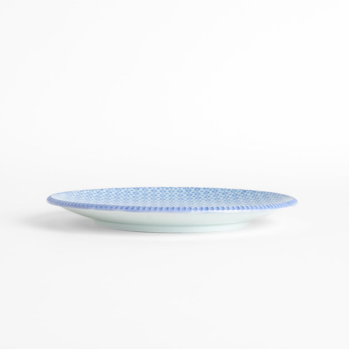 Blue and white floral patterned Dinner Plate with a subtle striped rim, offering an elegant touch for refined dining presentations.