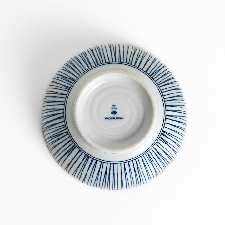 Ramen bowl featuring delicate blue vertical stripes with a gold accent at the rim, perfect for adding a touch of elegance to any meal.