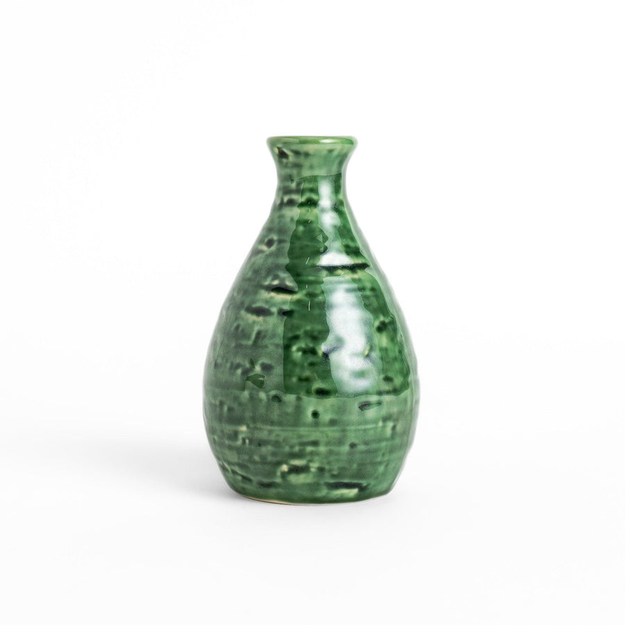 Deep green sake flask with a textured, glossy finish, shaped in a traditional style, ideal for serving sake with elegance and charm.