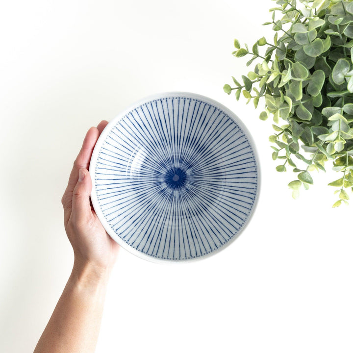 A white porcelain bowl with thin blue vertical stripes and dotted patterns around the rim.