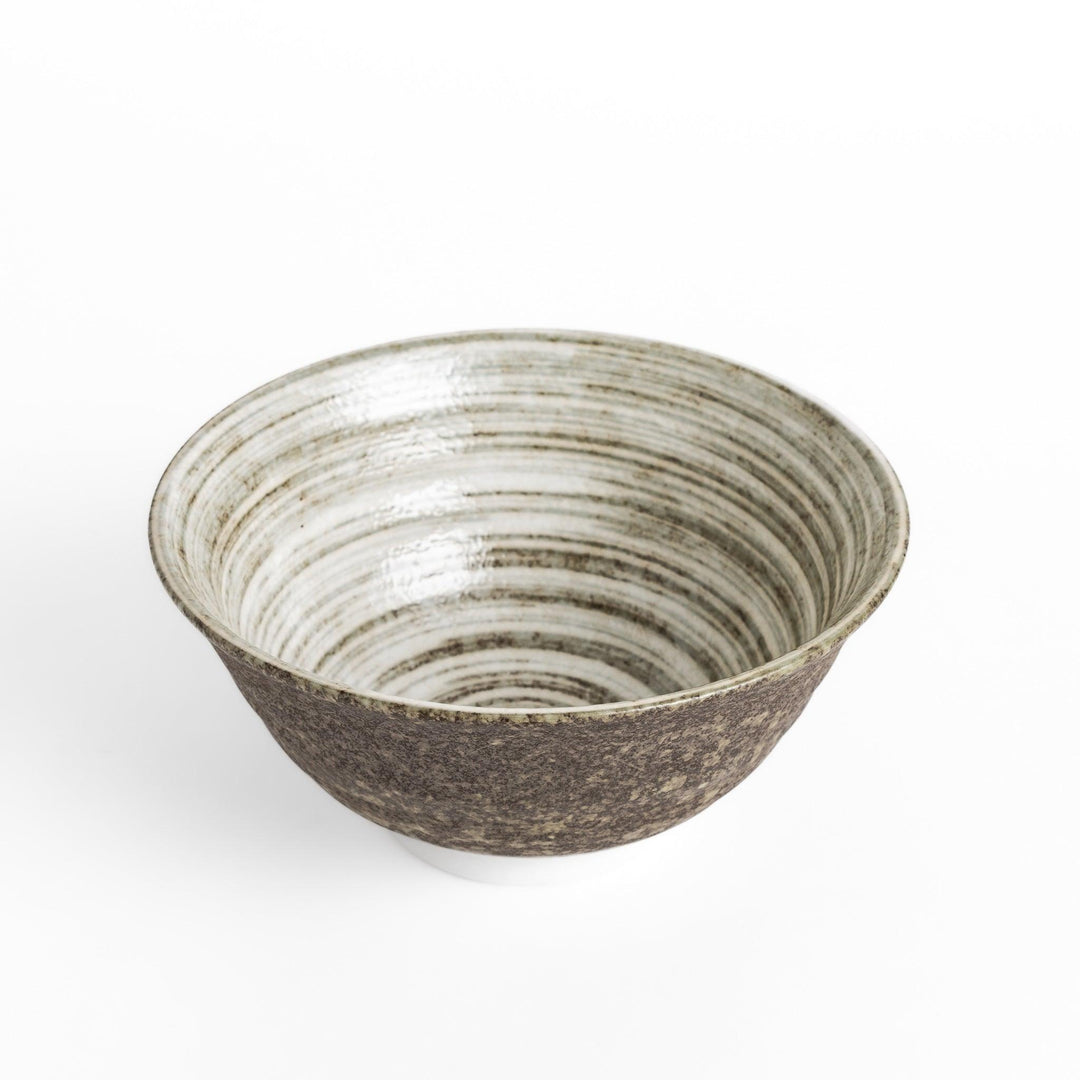 Textured ramen bowl with an earthy brown exterior, featuring a smooth white interior and a sturdy base for comfortable use.