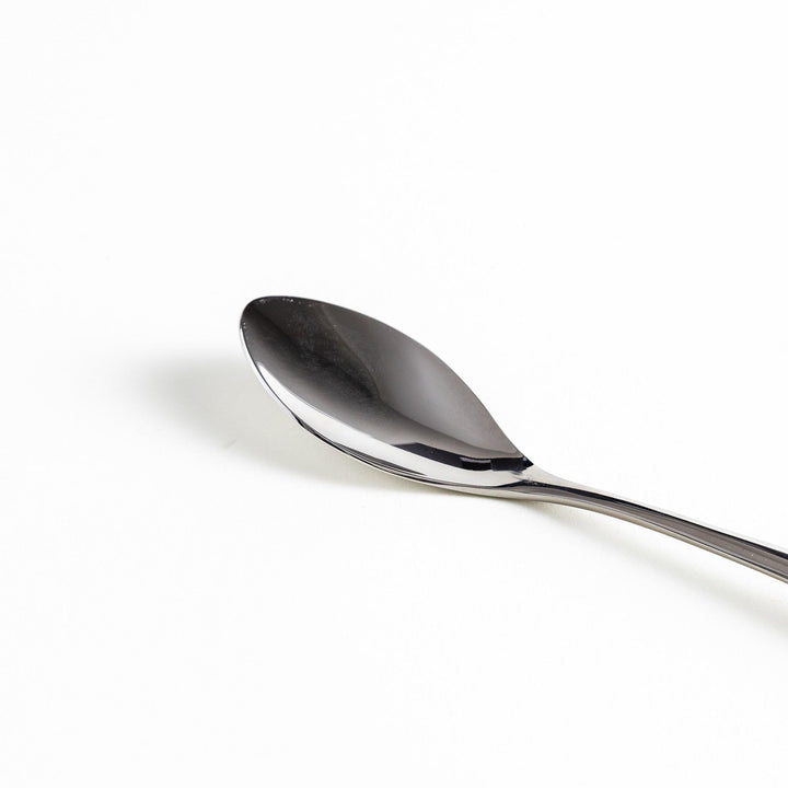 Close-up of a single polished stainless steel spoon, emphasizing the spoon's shiny reflective surface.