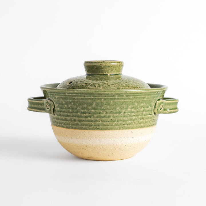 Emerald 3-Cup Rice Donabe, a traditional Japanese clay pot with a green glazed exterior and a round lid, perfect for cooking rice with authentic flavor.