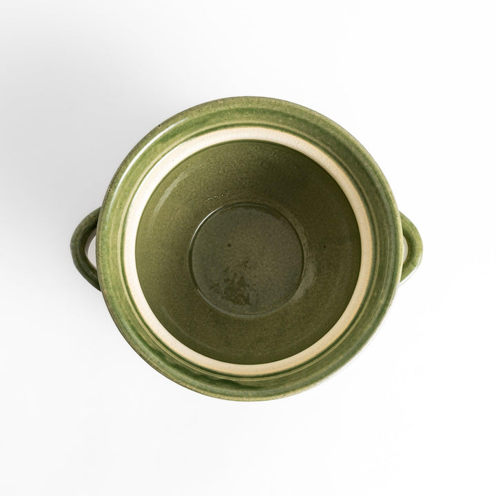 Emerald 3-Cup Rice Donabe, a traditional Japanese clay pot with a green glazed exterior and a round lid, perfect for cooking rice with authentic flavor.