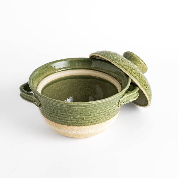 Emerald 3-Cup Rice Donabe, a traditional Japanese clay pot with a green glazed exterior and a round lid, perfect for cooking rice with authentic flavor.