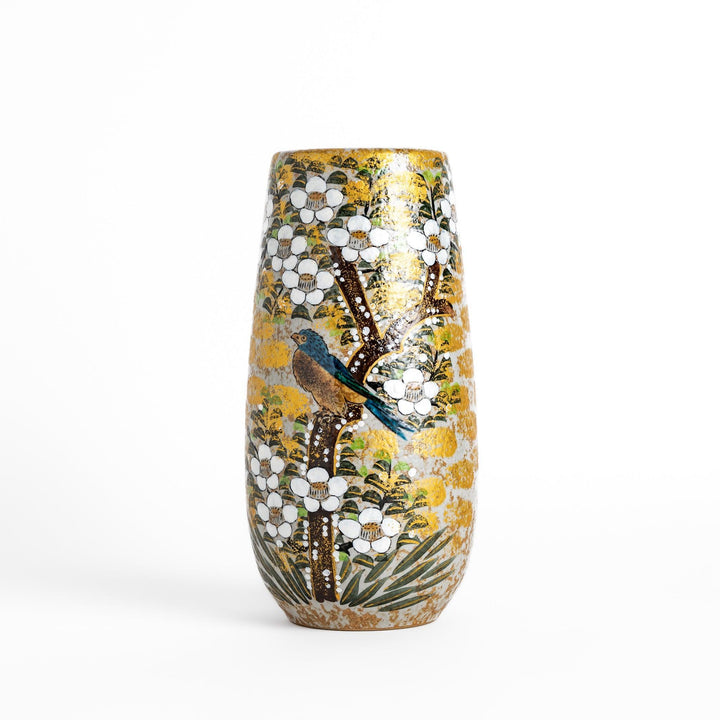 Flower Vase featuring a hand-painted design of blooming flowers and a bird perched on a tree, with warm golden and green tones.
