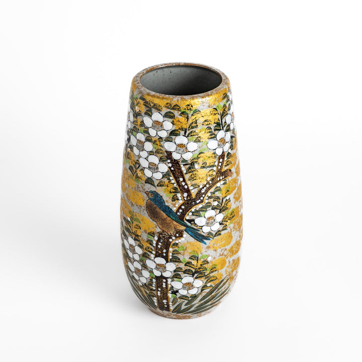 Flower Vase featuring a hand-painted design of blooming flowers and a bird perched on a tree, with warm golden and green tones.