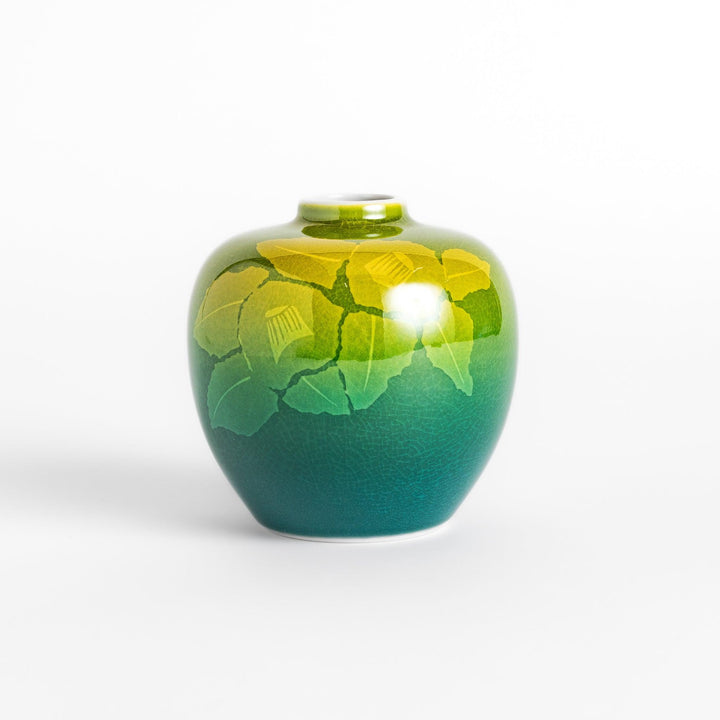 Flower Vase featuring a gradient green design with delicate camellia blossoms, perfect for elegant floral displays.