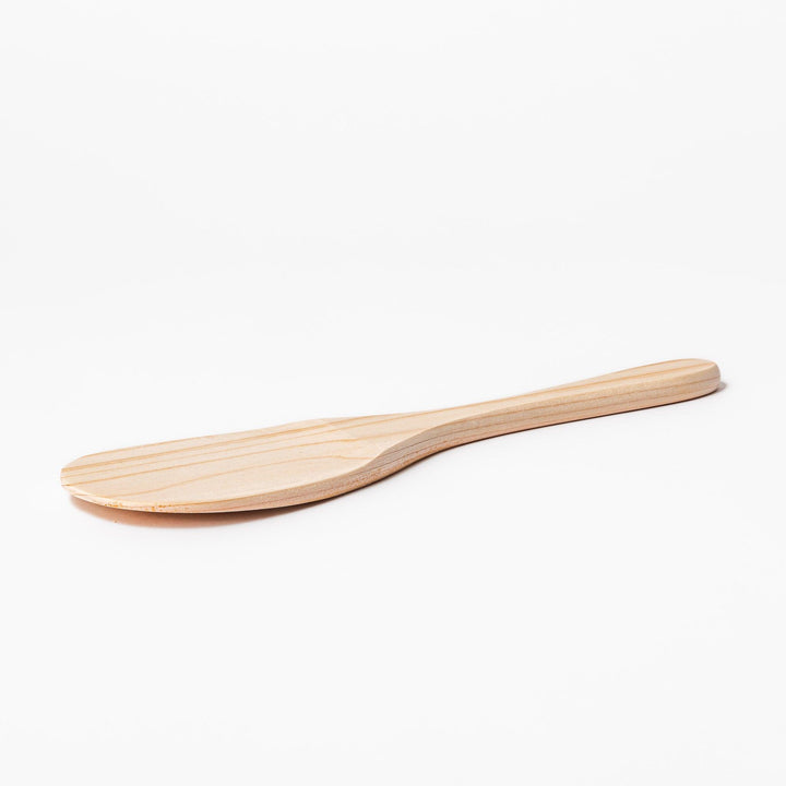 Smooth hinoki wood rice paddle with a natural grain finish, perfect for mixing and serving rice while preserving its texture and aroma.