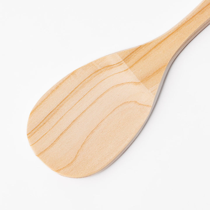 Smooth hinoki wood rice paddle with a natural grain finish, perfect for mixing and serving rice while preserving its texture and aroma.