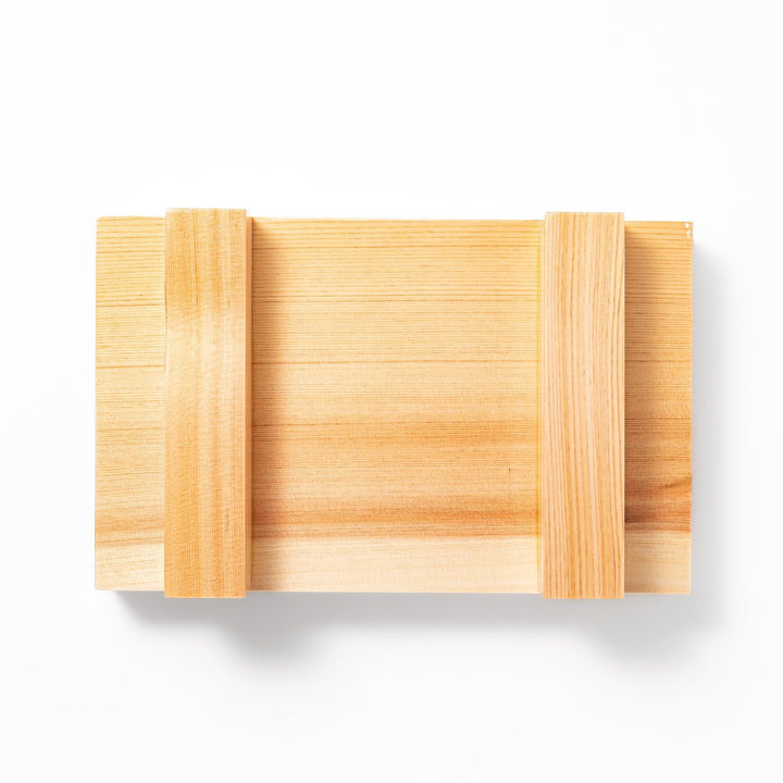 Rectangular hinoki wood sushi plate with clean lines and raised legs, perfect for serving sushi or appetizers with a refined traditional aesthetic.