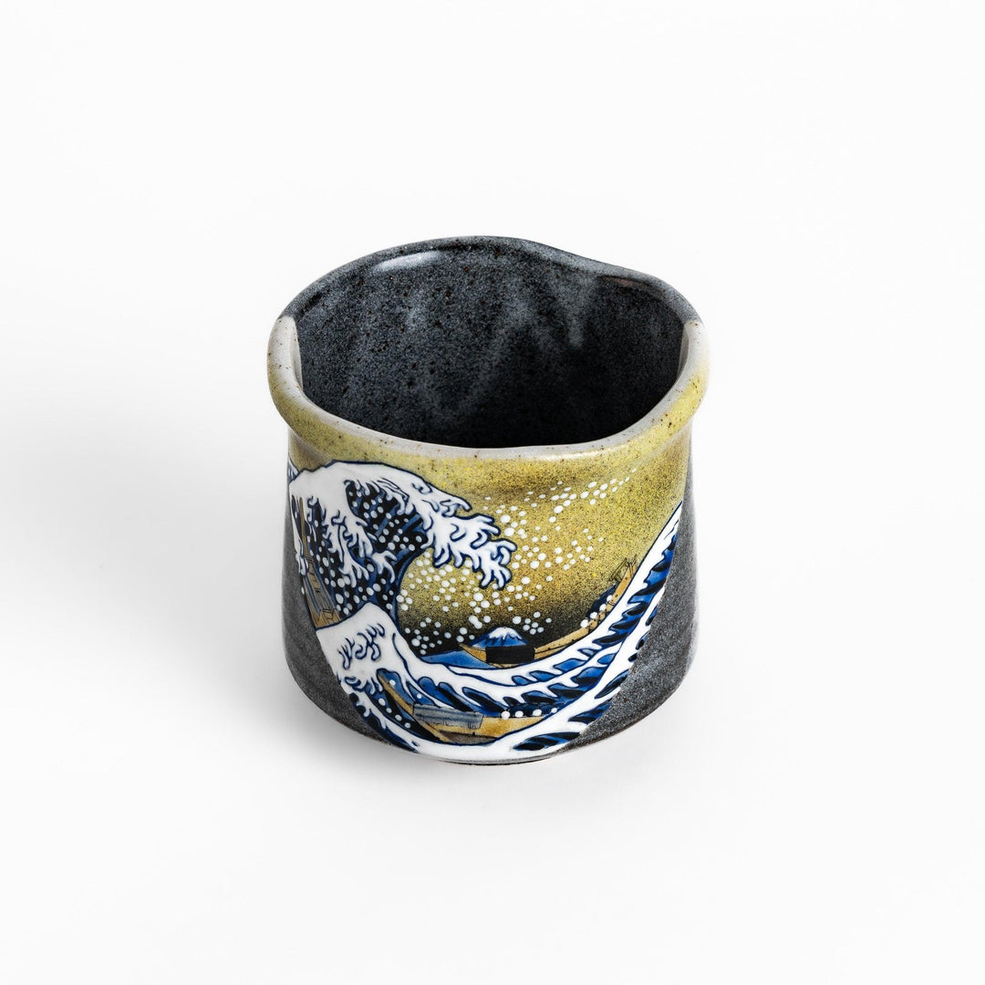 Tea Cups featuring Hokusai's Great Wave design, with vibrant blue waves and a golden gradient background.