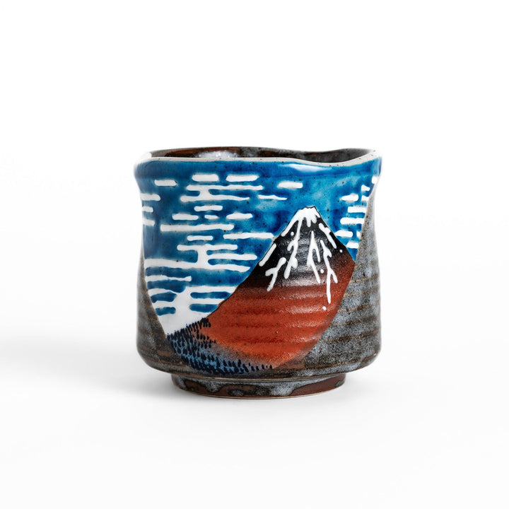 Tea Cups featuring Hokusai's Red Mount Fuji design, with vibrant red, blue, and white colors for a striking display.