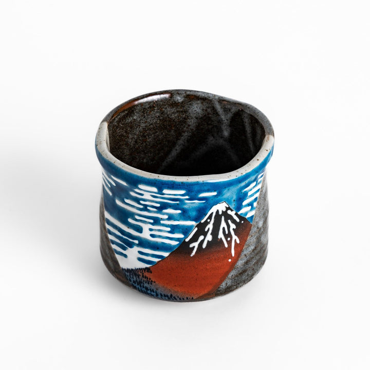 Tea Cups featuring Hokusai's Red Mount Fuji design, with vibrant red, blue, and white colors for a striking display.