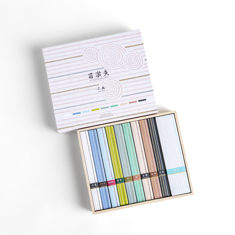 Incense set featuring a selection of delicate fragrances in an elegant box with a minimalist Japanese design, perfect for relaxation, meditation, and daily rituals.