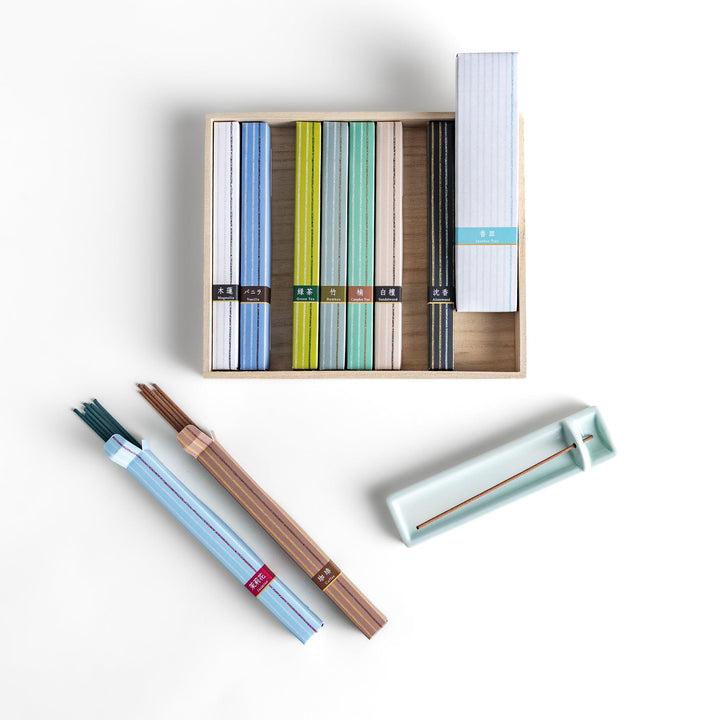 Incense set featuring a selection of delicate fragrances in an elegant box with a minimalist Japanese design, perfect for relaxation, meditation, and daily rituals.