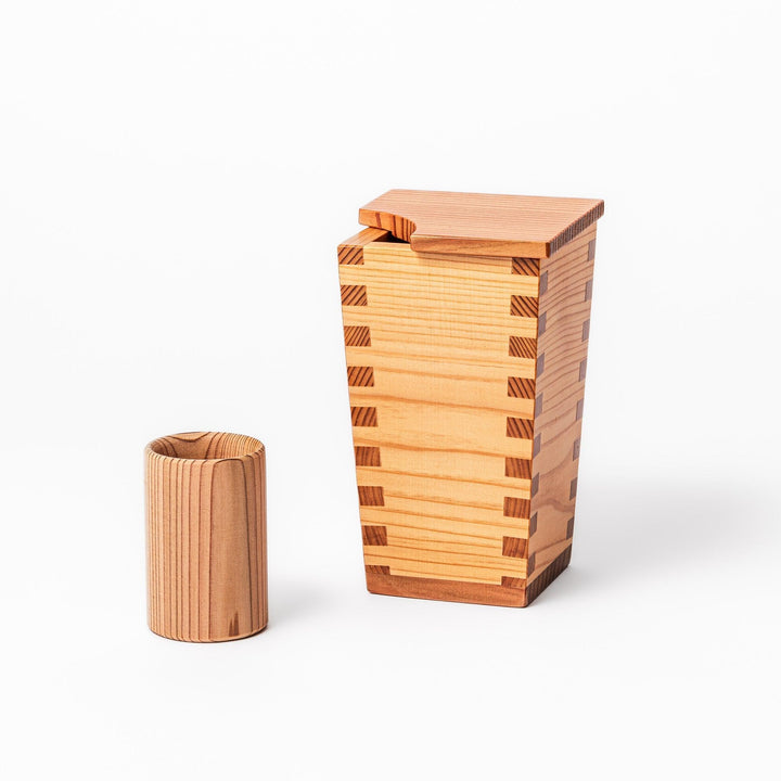 Japanese cedar sake carafe with matching cup and lid, featuring traditional joinery and natural wood grain for an authentic drinking experience.