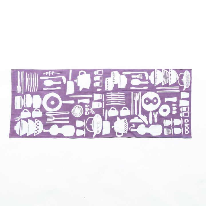 Purple tenugui hand towel fully opened, featuring white kitchenware designs like bowls, chopsticks, teapots, and utensils in a seamless pattern.