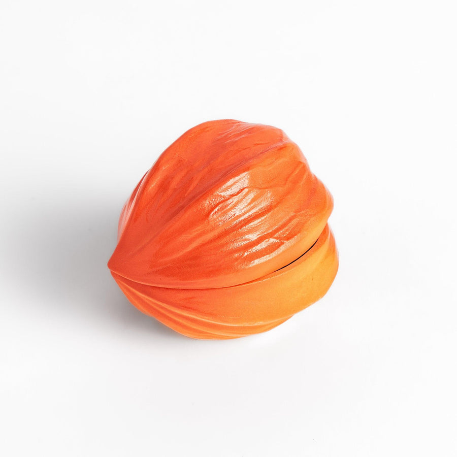 Unique Lantern Plant lidded condiment bowl shaped like a vibrant orange lantern fruit, with intricate details and a smooth, glossy finish, ideal for adding charm to your table setting.