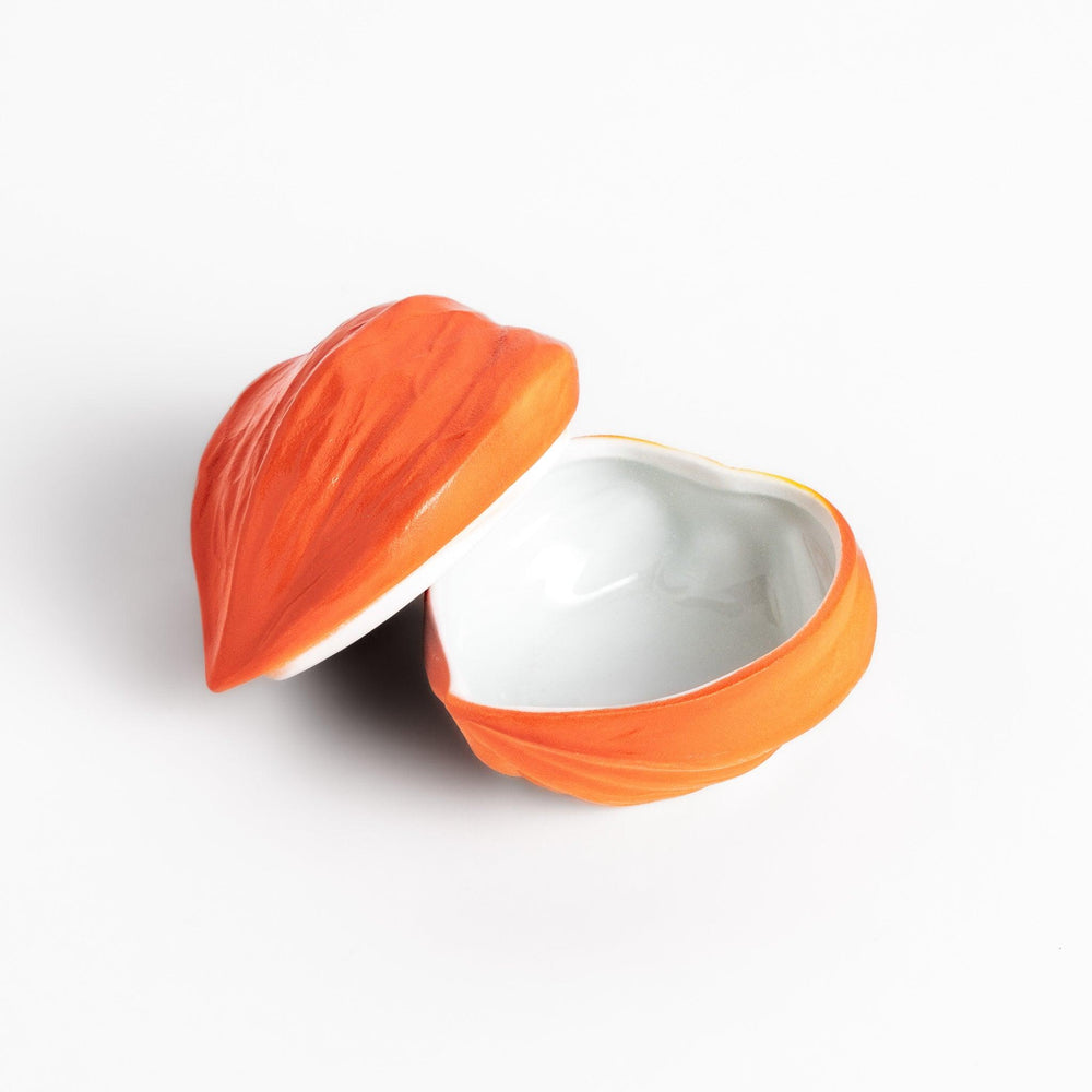 Unique Lantern Plant lidded condiment bowl shaped like a vibrant orange lantern fruit, with intricate details and a smooth, glossy finish, ideal for adding charm to your table setting.