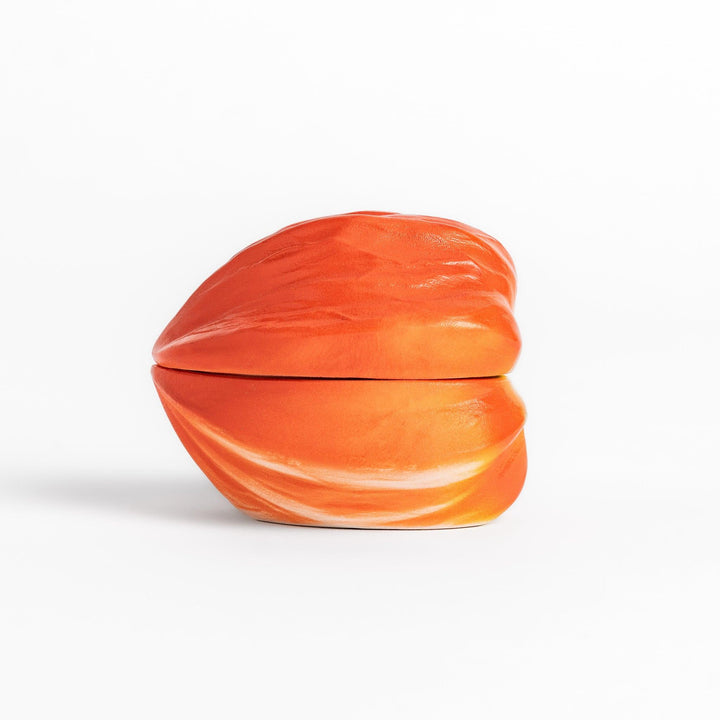 Unique Lantern Plant lidded condiment bowl shaped like a vibrant orange lantern fruit, with intricate details and a smooth, glossy finish, ideal for adding charm to your table setting.