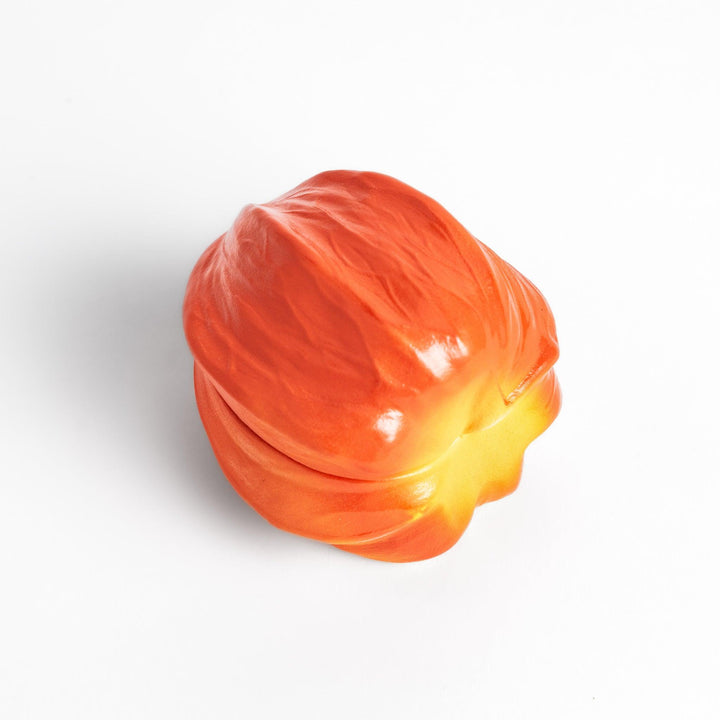 Unique Lantern Plant lidded condiment bowl shaped like a vibrant orange lantern fruit, with intricate details and a smooth, glossy finish, ideal for adding charm to your table setting.