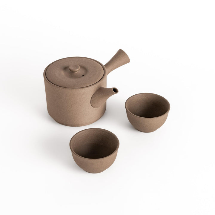 Elegant large gray tea set featuring a round teapot with spout and matching bowls, perfect for enjoying your favorite tea in style.