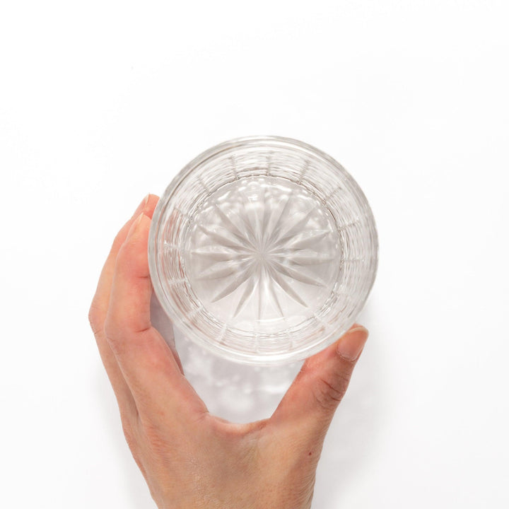 Classic rocks glass with an intricate lattice cut design, perfect for serving whiskey or other spirits with a sophisticated touch.