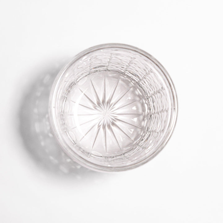 Classic rocks glass with an intricate lattice cut design, perfect for serving whiskey or other spirits with a sophisticated touch.