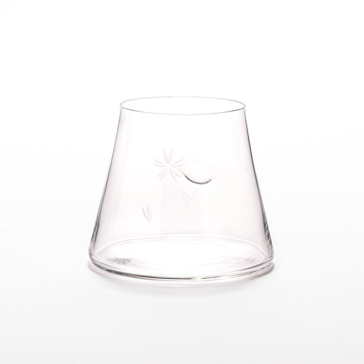 Mount Fuji–inspired beer glass with flared base and delicate etched cherry blossom design, perfect for enjoying craft beer in style.
