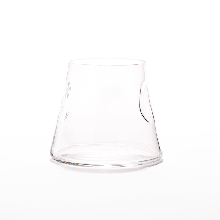 Mount Fuji–inspired beer glass with flared base and delicate etched cherry blossom design, perfect for enjoying craft beer in style.