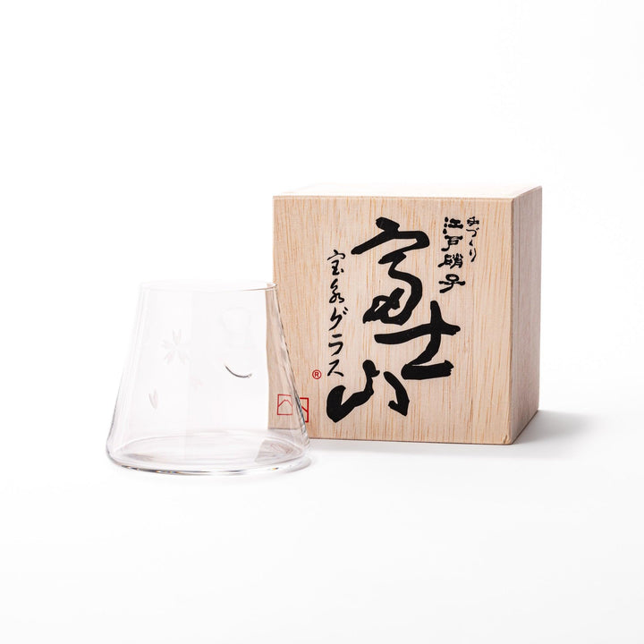 Mount Fuji–inspired beer glass with etched cherry blossom motif, shown with its elegant Japanese wooden box for gifting or display.