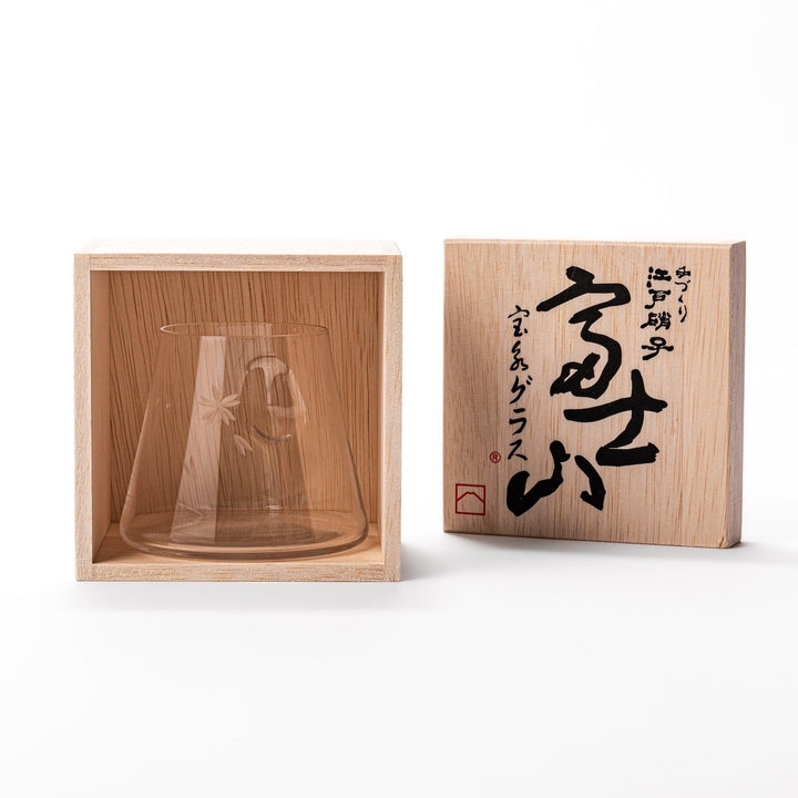 Handcrafted Mount Fuji beer glass with sakura design, beautifully presented in a wooden box with bold Japanese calligraphy.