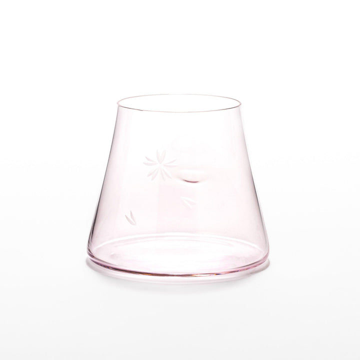 Light pink Mount Fuji–shaped beer glass with delicate etched cherry blossom pattern, ideal for springtime drinks and elegant table settings.