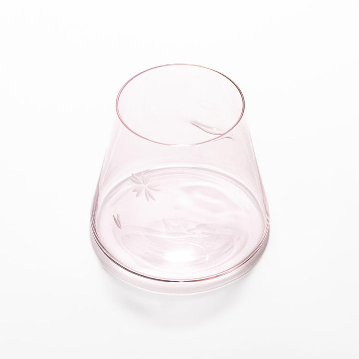 Light pink Mount Fuji–shaped beer glass with delicate etched cherry blossom pattern, ideal for springtime drinks and elegant table settings.