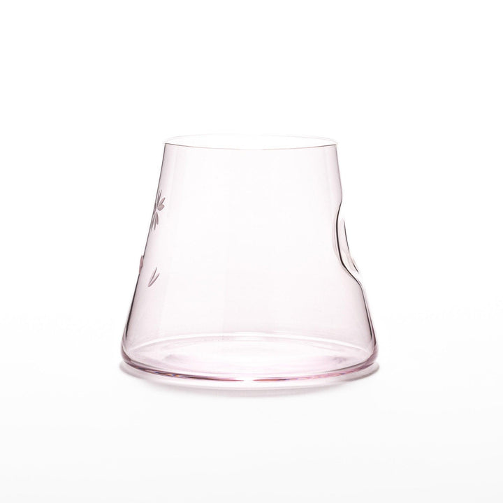Light pink Mount Fuji–shaped beer glass with delicate etched cherry blossom pattern, ideal for springtime drinks and elegant table settings.