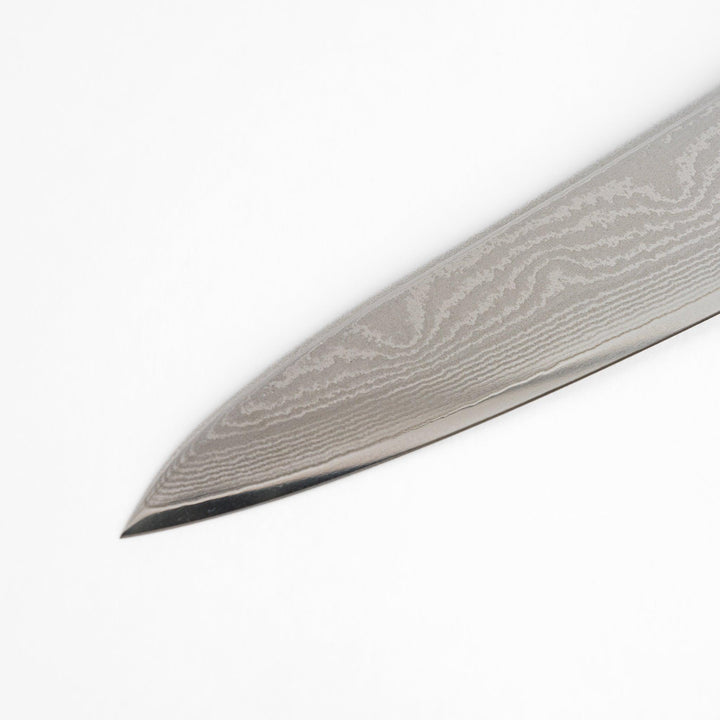 A high-quality Damascus chef's knife with a beautifully patterned blade and a striped wooden handle, offering both elegance and precision for your culinary tasks.