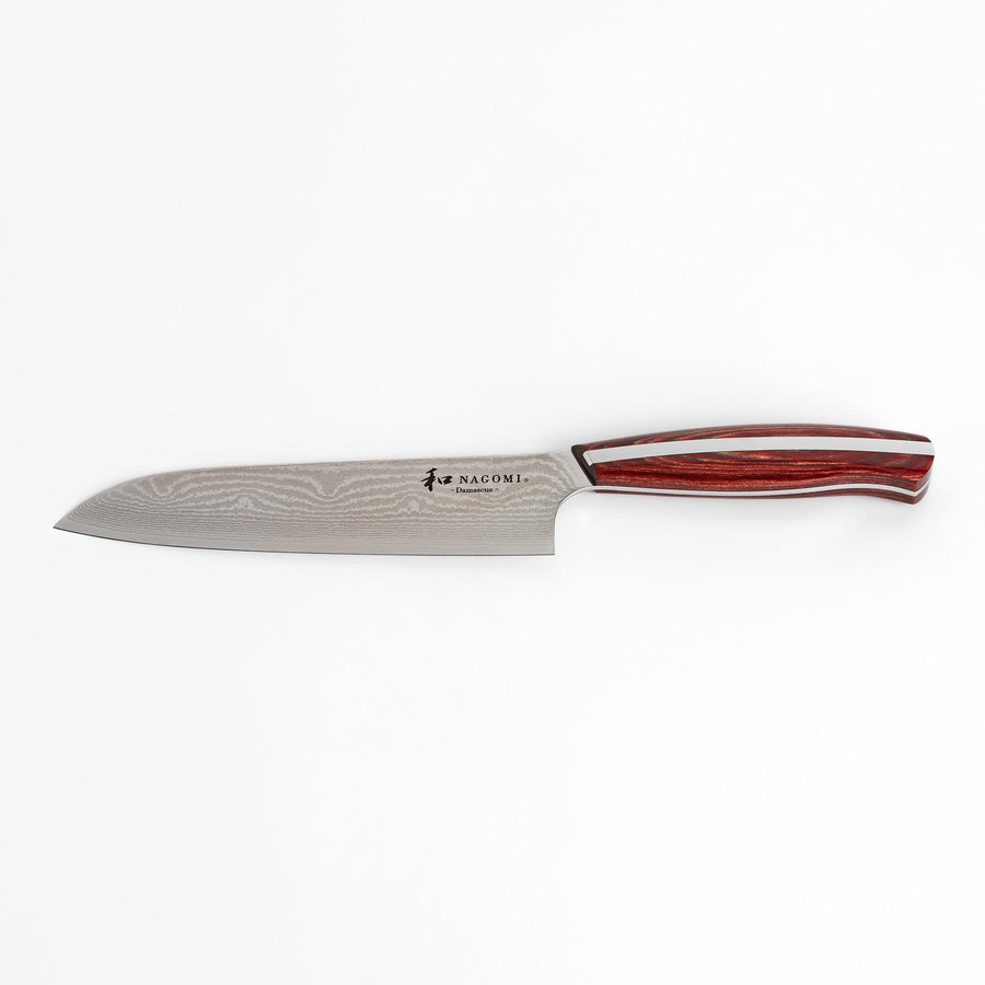 A high-quality Nagomi Damascus Santoku knife featuring a beautifully patterned blade and a striped wooden handle, offering both elegance and precision for all your culinary needs.