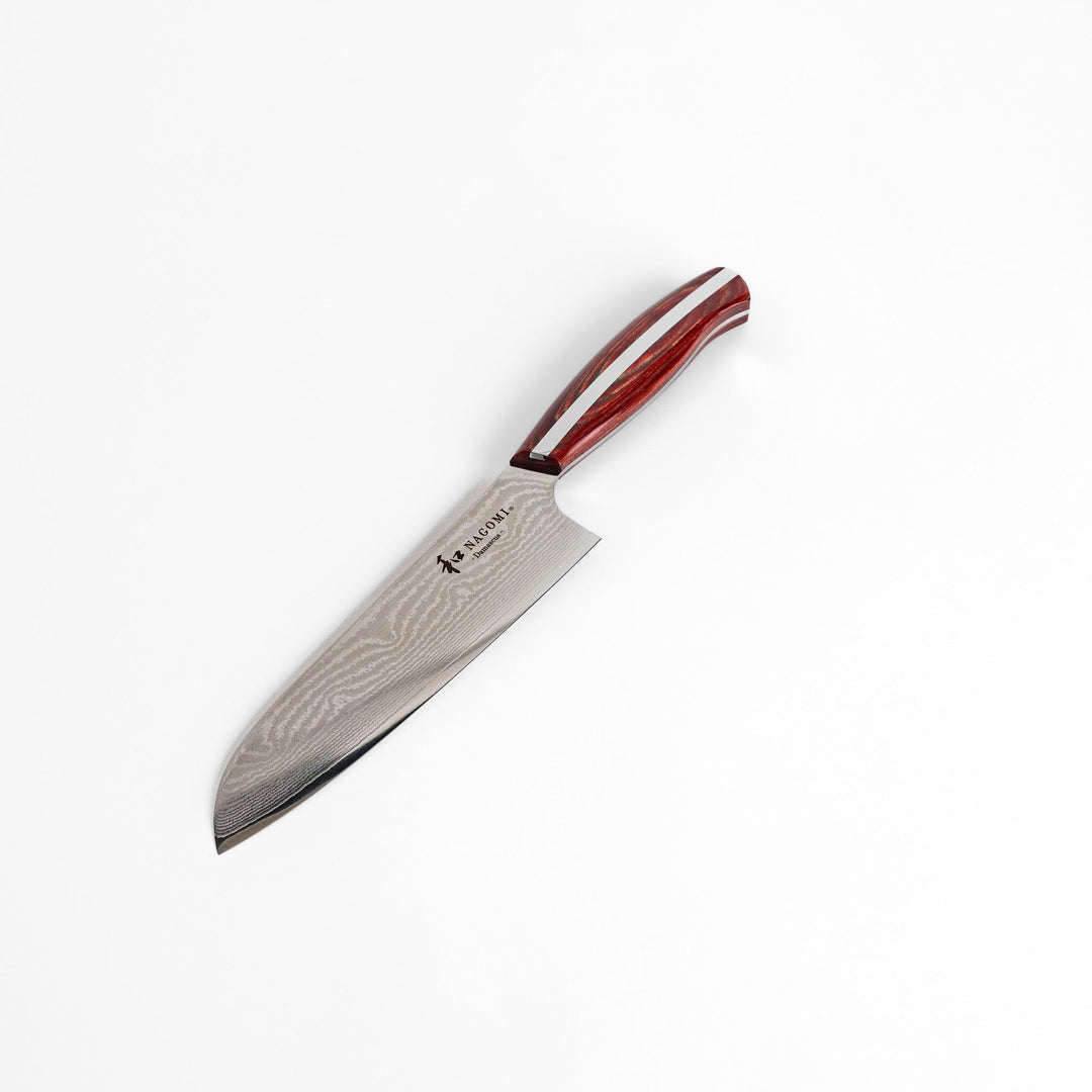 A high-quality Nagomi Damascus Santoku knife featuring a beautifully patterned blade and a striped wooden handle, offering both elegance and precision for all your culinary needs.