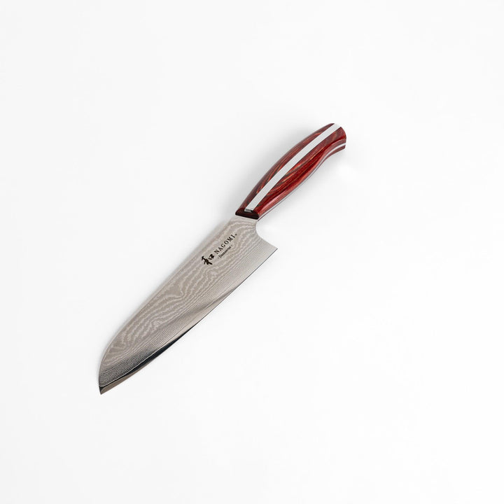 A high-quality Nagomi Damascus Santoku knife featuring a beautifully patterned blade and a striped wooden handle, offering both elegance and precision for all your culinary needs.