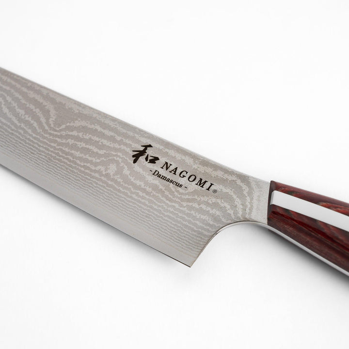 A high-quality Nagomi Damascus Santoku knife featuring a beautifully patterned blade and a striped wooden handle, offering both elegance and precision for all your culinary needs.