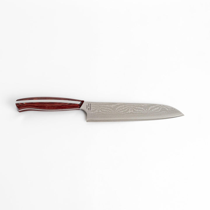 A high-quality Nagomi Damascus Santoku knife featuring a beautifully patterned blade and a striped wooden handle, offering both elegance and precision for all your culinary needs.