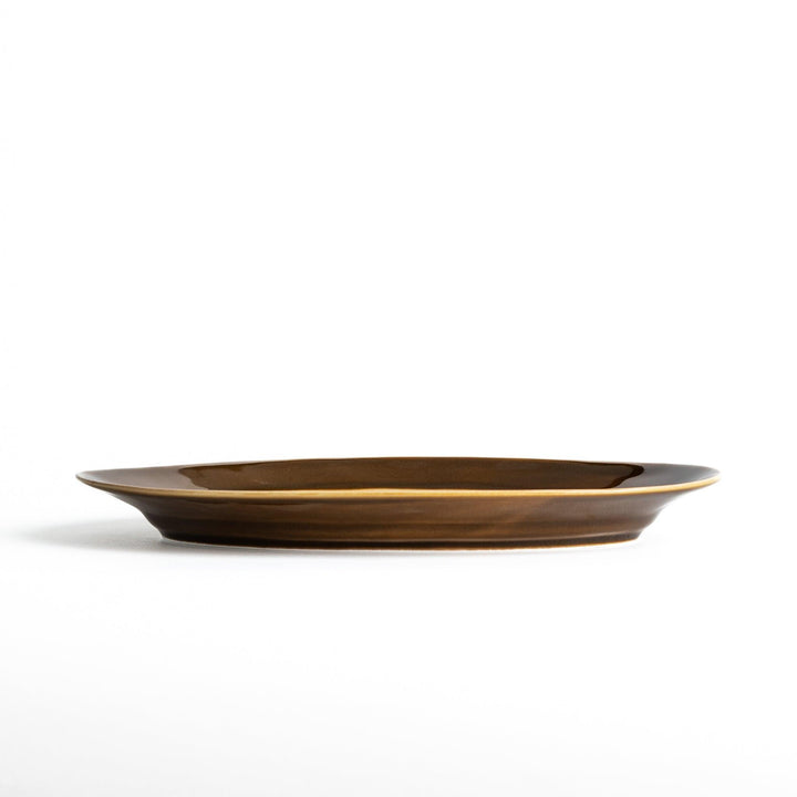 Sleek, dark brown or olive colored oval dinner plate with a glossy finish, simple and minimalist.