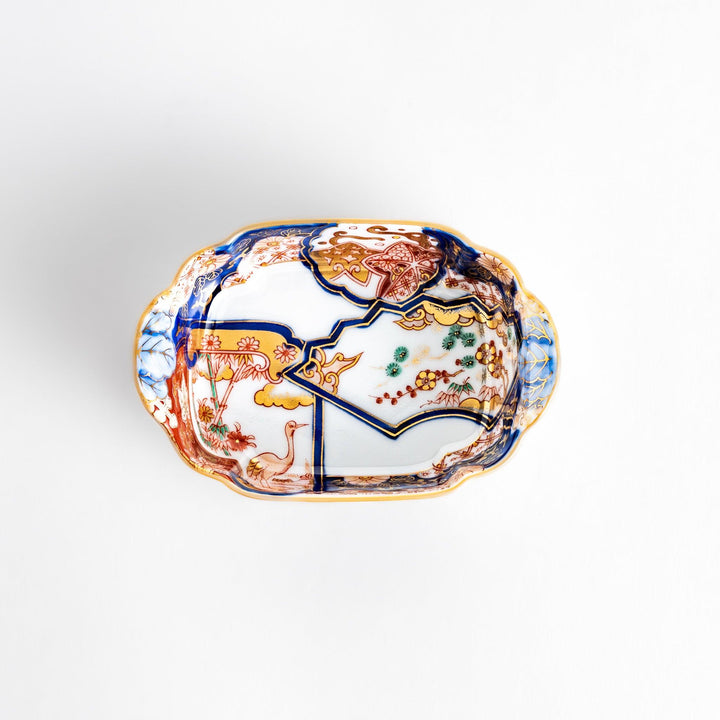 Vibrant Condiment Bowl with pine, bamboo, and plum motifs, accented by cranes and gold detailing, featuring a flared edge design.