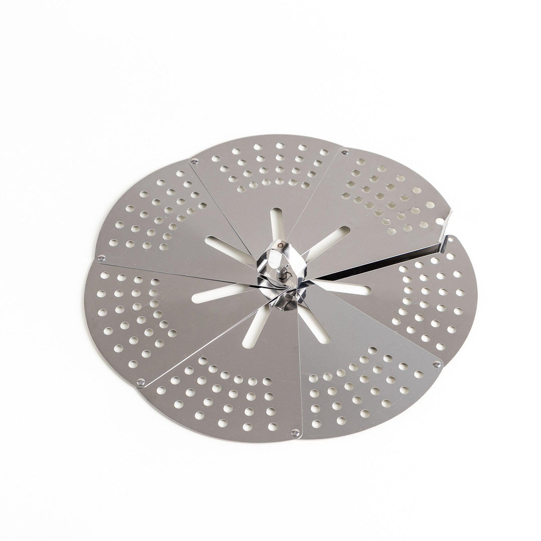 Adjustable stainless steel drop lid, a versatile kitchenware tool with foldable petals for steaming, simmering, and preventing boil-overs in various pot sizes.