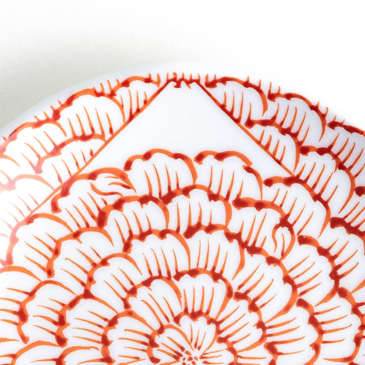Round plate with a red chrysanthemum petal design.